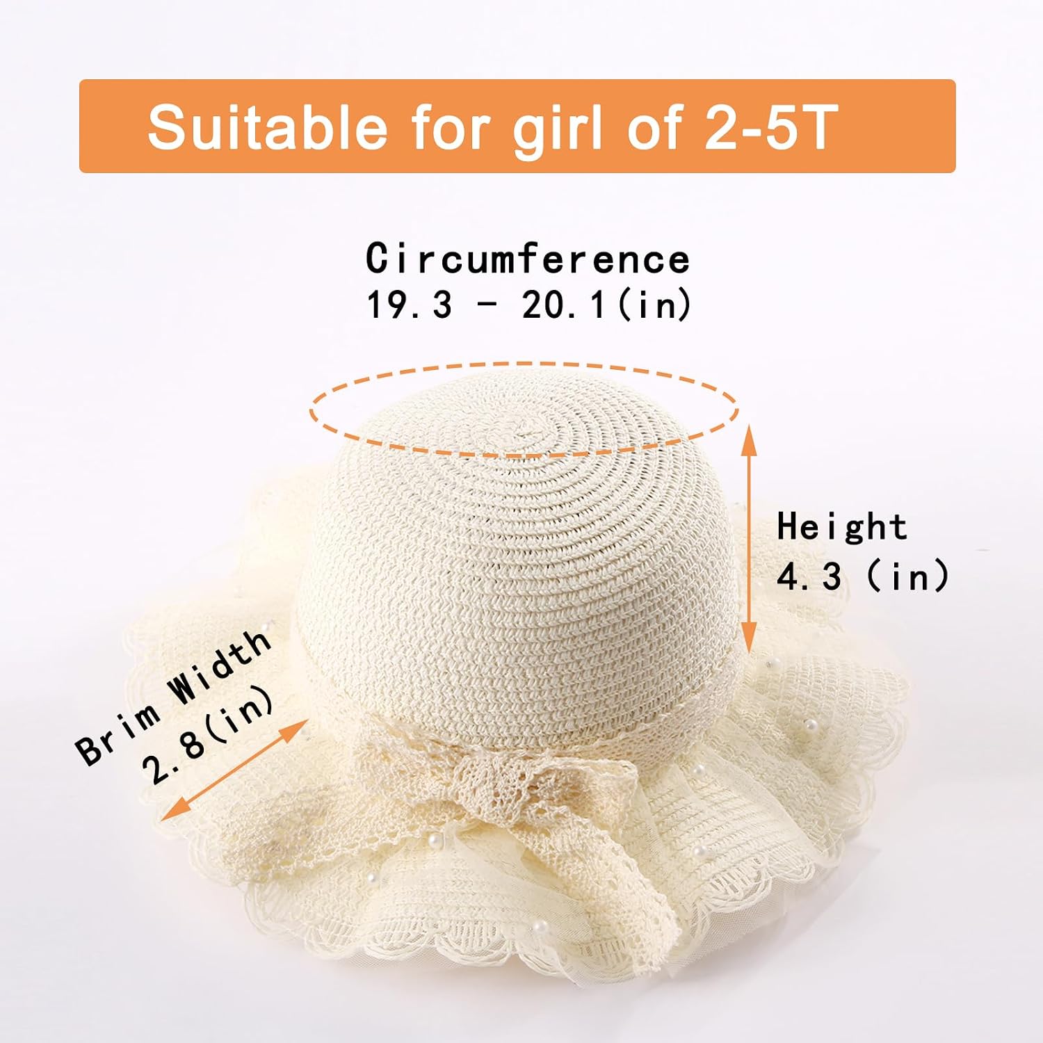 Toddler Girls Straw Beach Hat, 2‑5Y Kids Wide Brim UV Protection Foldable Wave Ruffled Summer Sun Hat