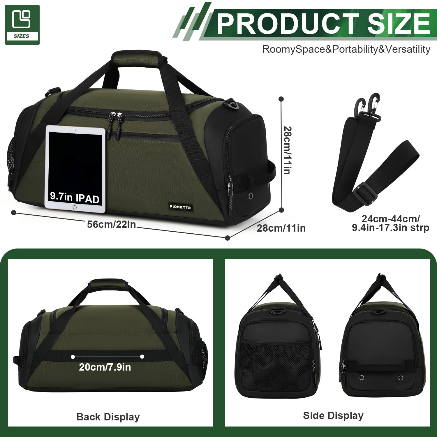 FIORETTO 45L Mens Sports Gym Bag with Wet Pocket & Shoe Compartment - Image 2