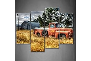 Automotive Wall Art: Vintage Red Truck Adorned by Trees and Field