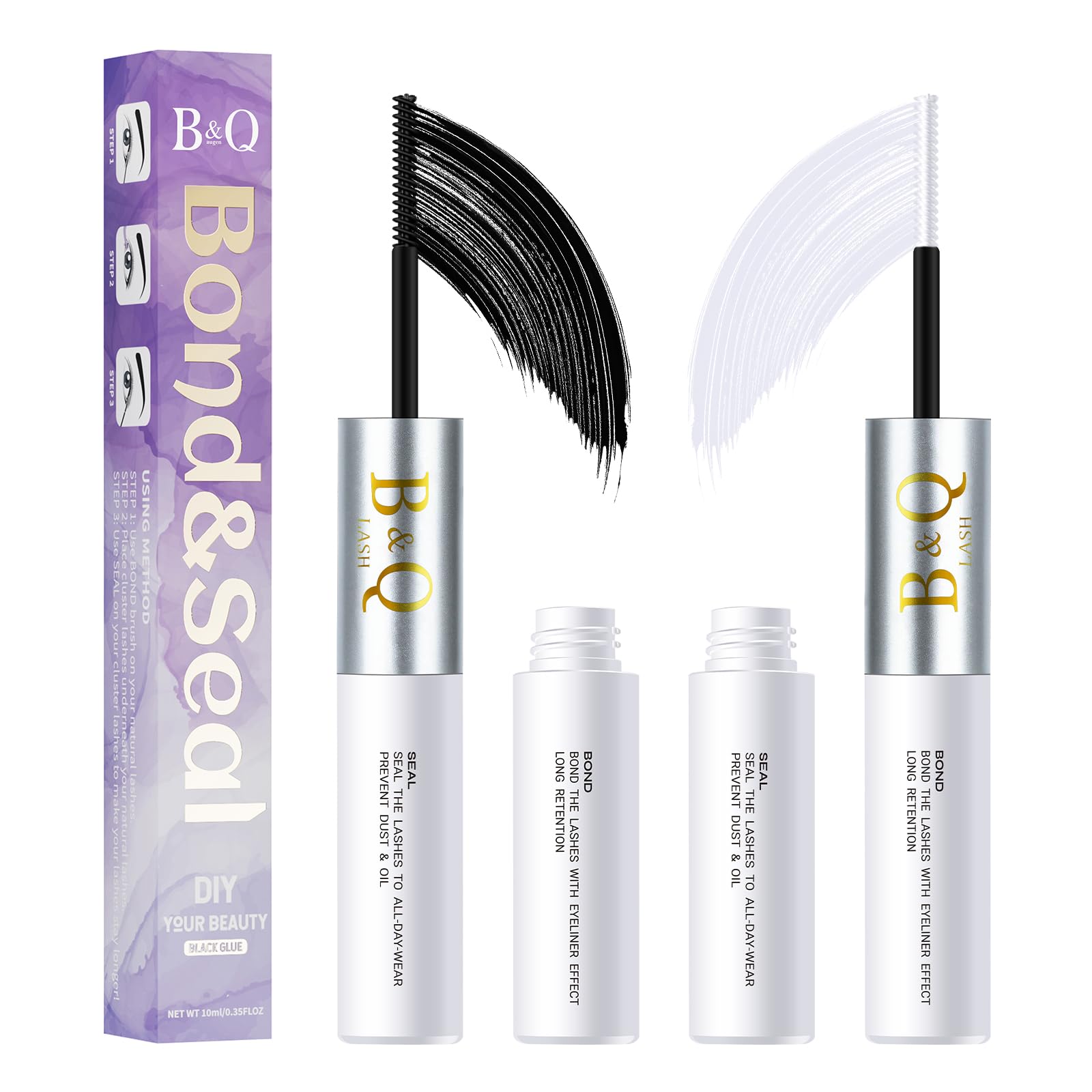 B&Q Lash Bond and Seal: Waterproof Latex-Free Lash Glue & Adhesive with Precision Brush, Clear Quick Dry Formula for Sensitive Eyes, Strong Long Lasting Hold for DIY Fluffy Cluster Lashes Extensions