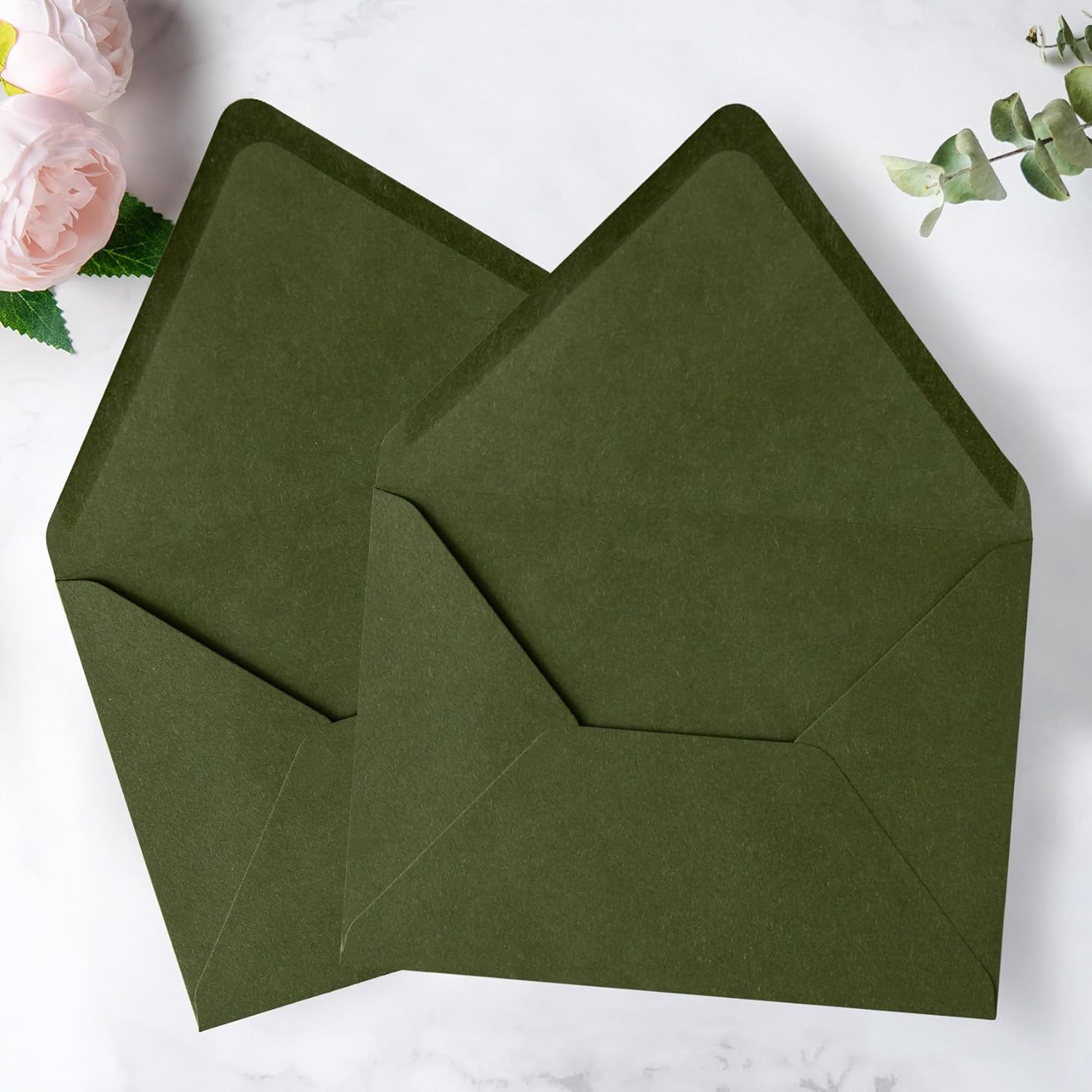PONATIA 50PCS A7 Euro Flap Envelopes, 5.25 x 7.25'' Envelope for 5x7'' Weddings Invitation Cards, Christmas Gift Cards, Acrylic Invitations, Photos (Olive Green (No Liner))