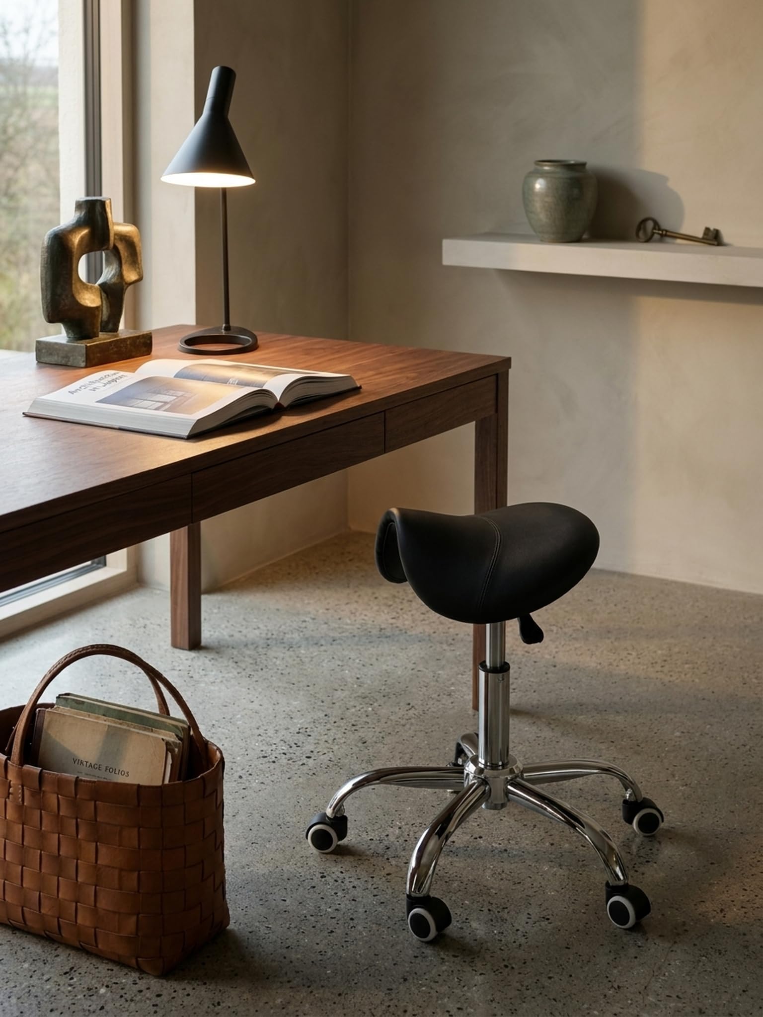 Menton - Sattel-Hocker in Schwarz | Arbeitshocker mit Kunstleder-Bezug | Sitzhocker ist höhenverstellbar | Design Drehhocker mit Rollen | Kosmetikhocker & Praxishocker