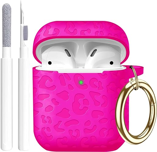 Gawnock Compatible with Airpods Case Leopard Engraved Skin Cover Compatible with Airpods 2nd/1st Charging Case,Cute Soft Silicone Full Protective, Front LED Visible, Hot Pink