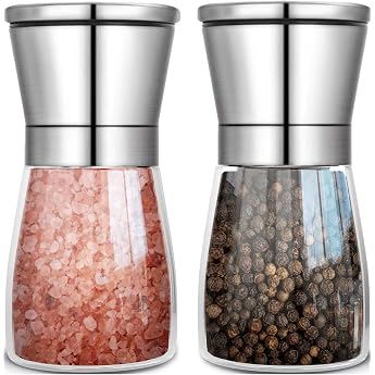 Salt and Pepper Mill Set of 2 - Stainless Steel and Glass Mills with Adjustable Ceramic Grinder Refillable Spice Mills for Salt Pepper