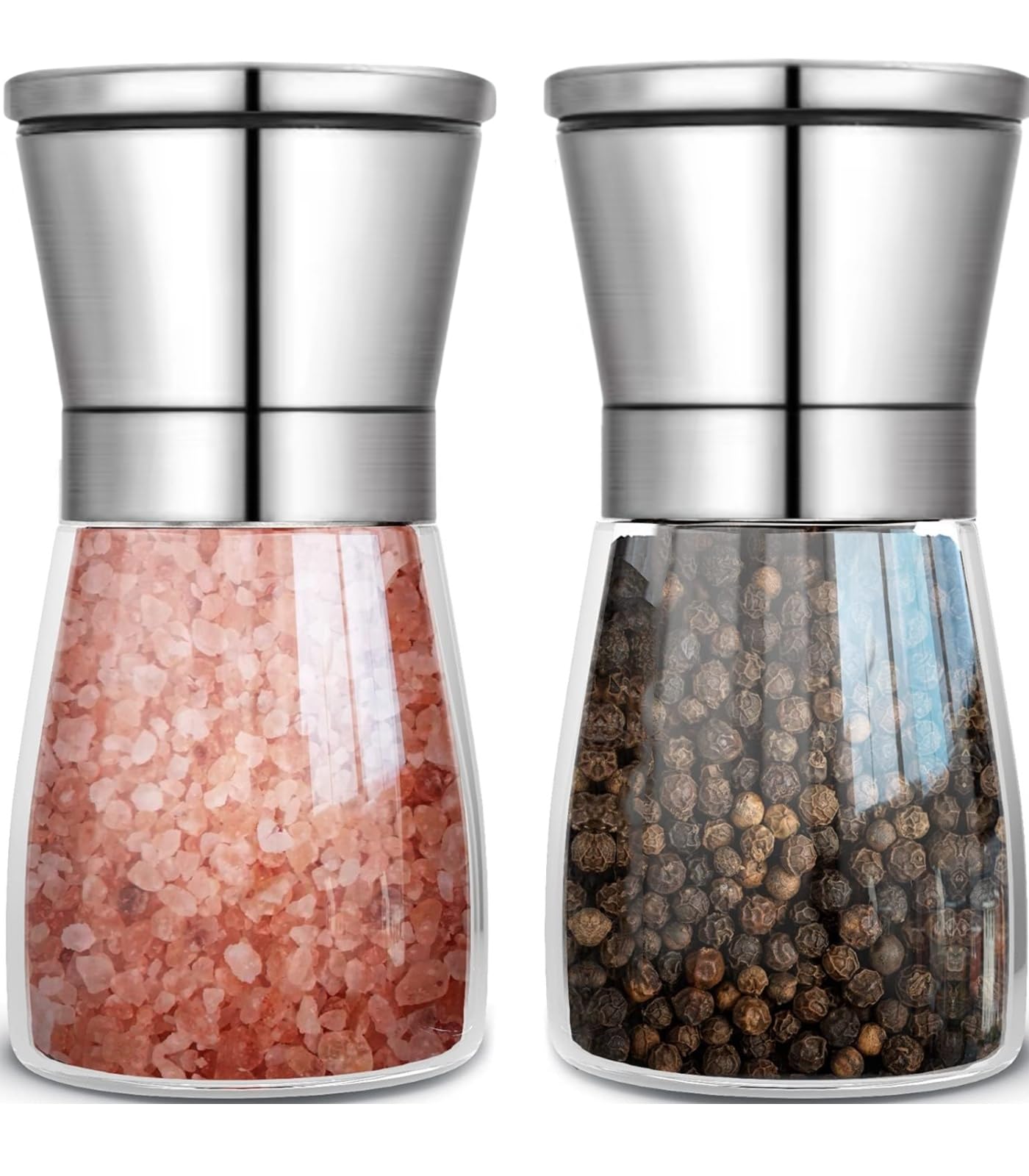 Salz und Pfeffermühle 2er Set - Edelstahl- und Glasmühlen mit verstellbarem Keramikmahlwerk, nachfüllbare Gewürzmühlen für Salz, Pfeffer