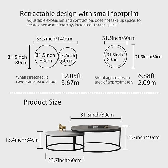 Modern Nesting Coffee Tables Set of 2, Round Walnut Wood Top with Black Metal Frame, Contemporary Living Room Tables