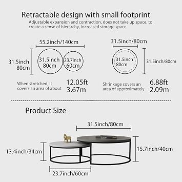 Modern Nesting Coffee Tables Set of 2, Round Walnut Wood Top with Black Metal Frame, Contemporary Living Room Tables