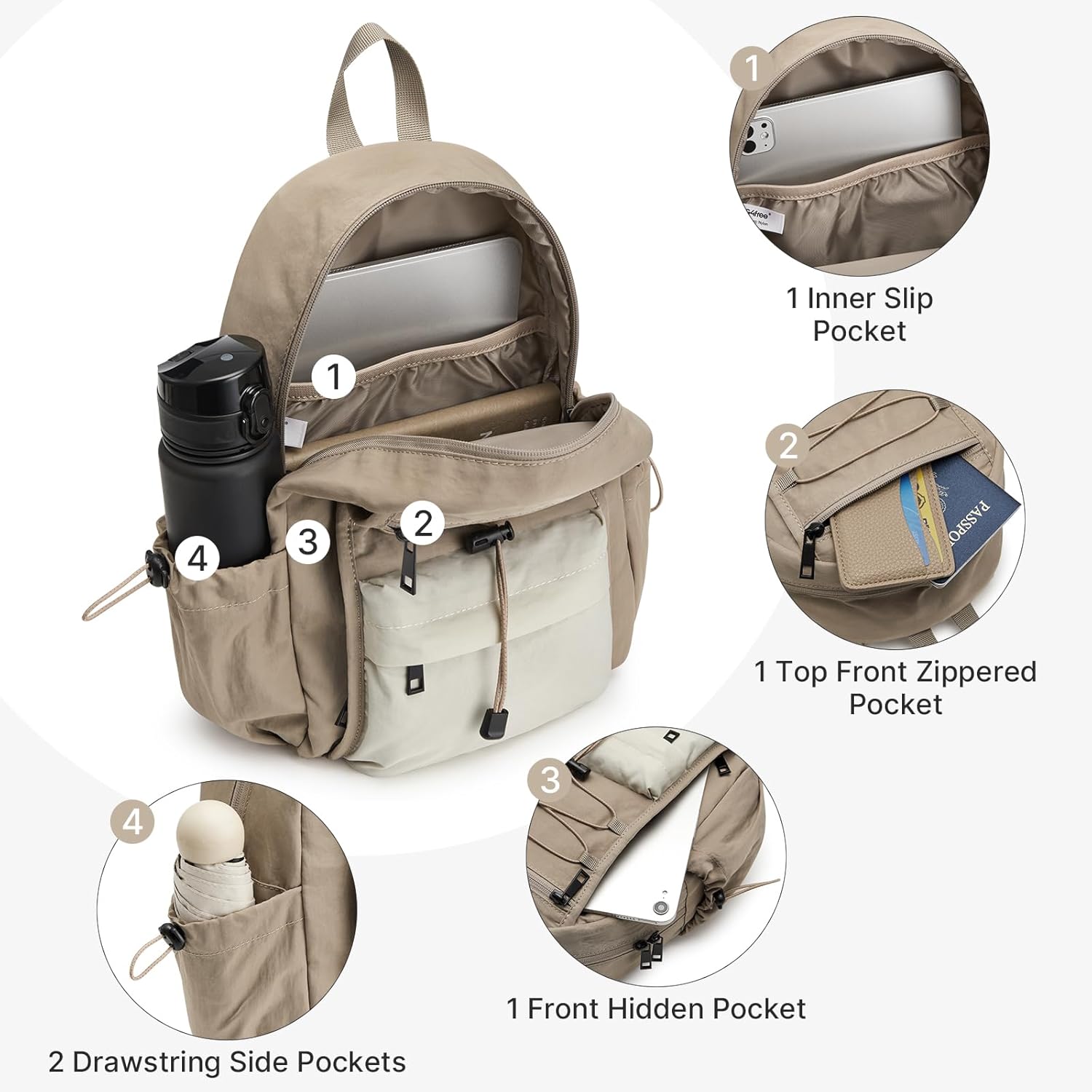 G4Free 10L Small Backpack for Women Men Lightweight Mini Travel Backpacks Hiking Casual Daypack, Beige & Khaki