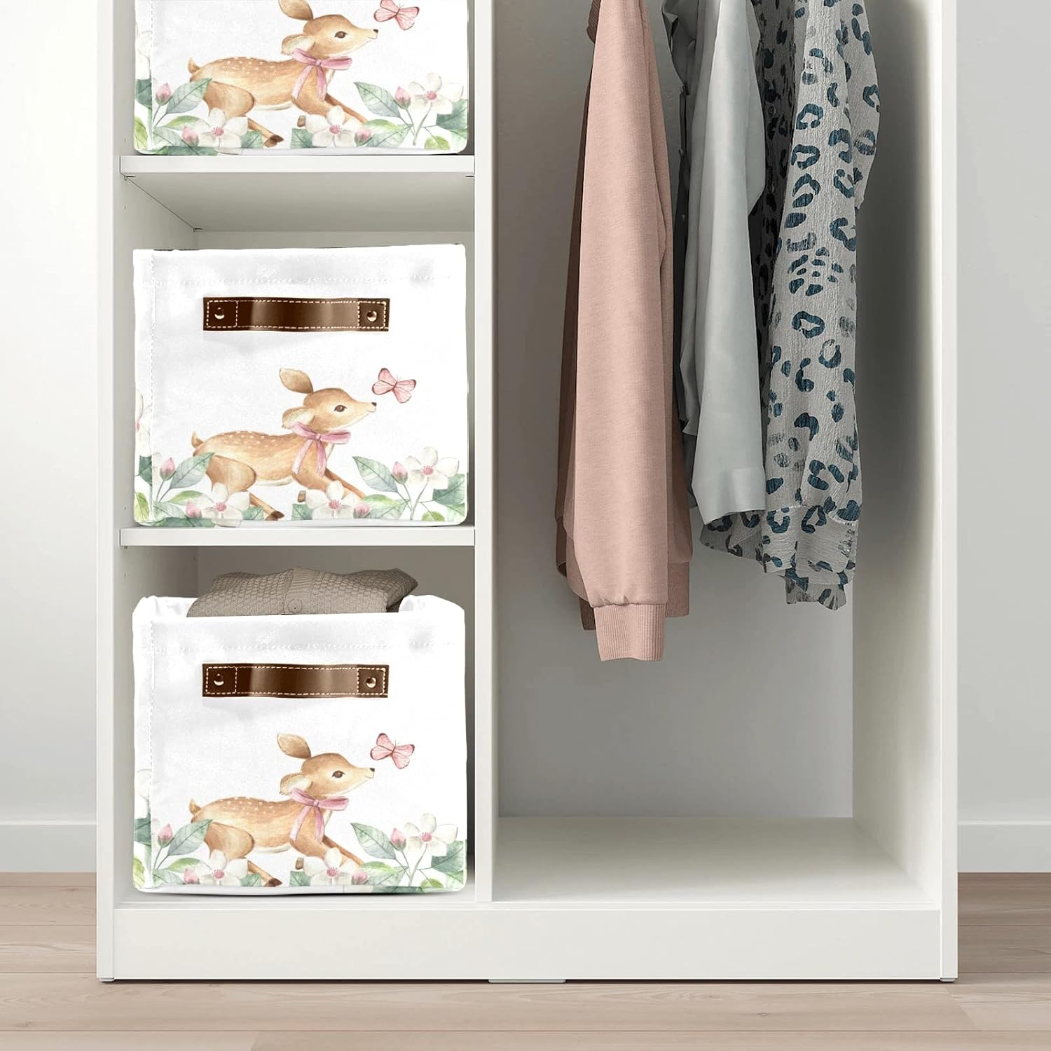 Floral Deer Pink Butterfly Personalized Storage Bins ,Baskets Cubes Organizer with Handle for Shelves Closet Nursery Toy 1 Pack