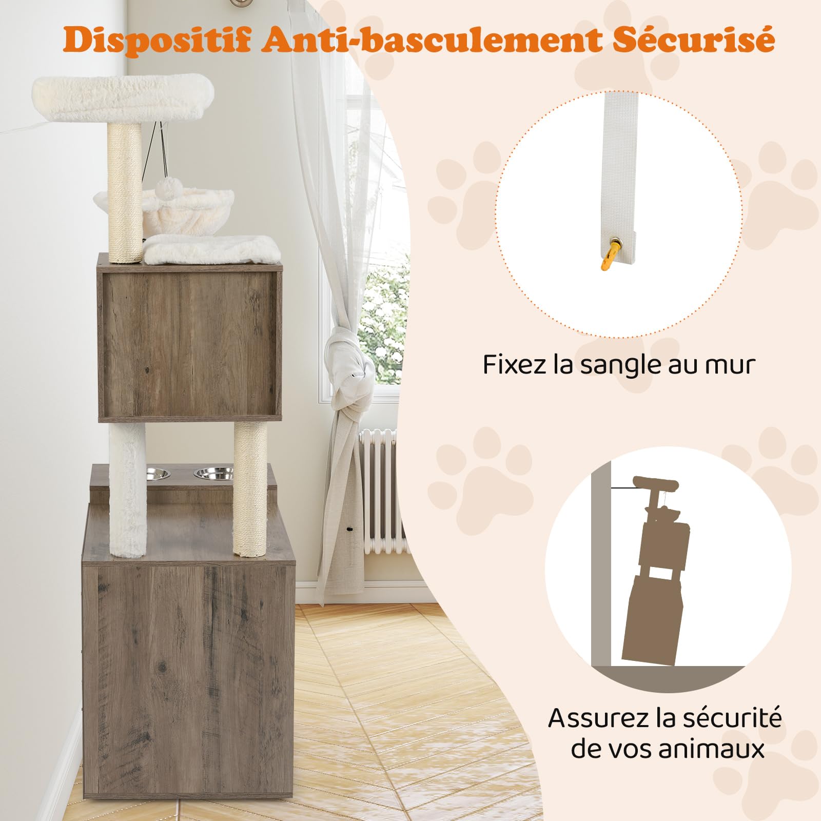 COSTWAY Arbre a Chat avec Litiere Intégrée, Tapis et Poteau à Griffer en Sisal, Plateforme, Panier, Condo, Arbre à Chat XXL, 2 Gamelles, Coussin Amovible, Pompon, Patins Réglables (155 cm,Gris)