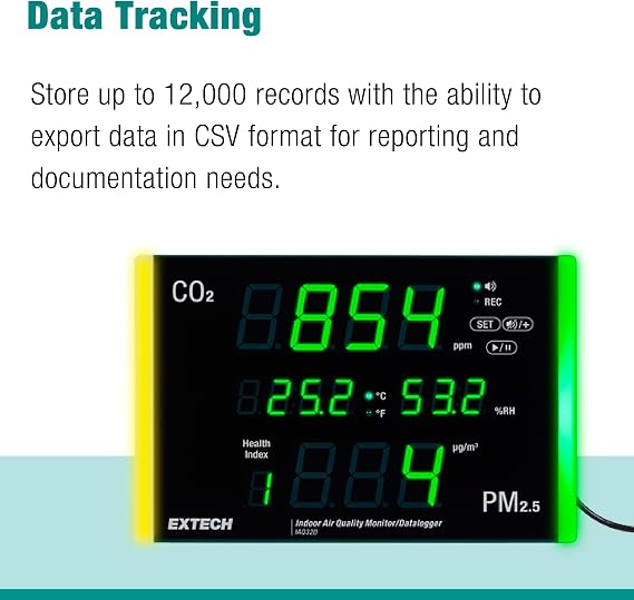 Extech IAQ320 Air Quality Meter/Datalogger with PM2.5 | Wall-Mount or Desktop; Reads Temperature, Humidity, Particulates and Health Index; Stores 12,000 CSV Records for Facilities
