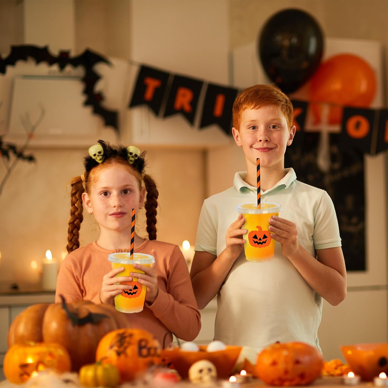 Whaline 50Pcs Halloween Disposable Plastic Cups with Lids and Straws Orange Spooky Pumpkin Face Cold Beverage Drinking Cups for Trick or Treat Birthday Party Supplies - Image 7