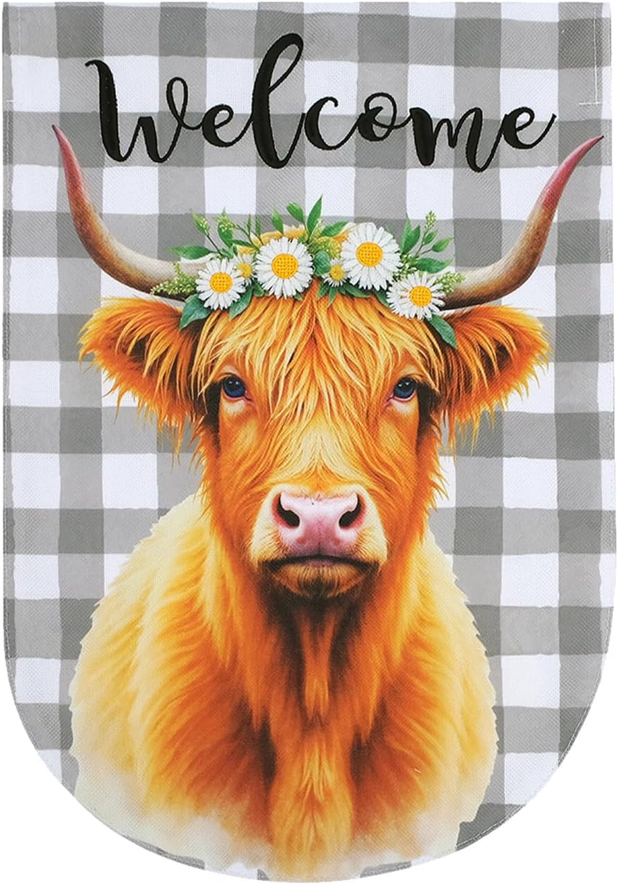 Briarwood Lane Checkered Highland Cow Burlap House Flag