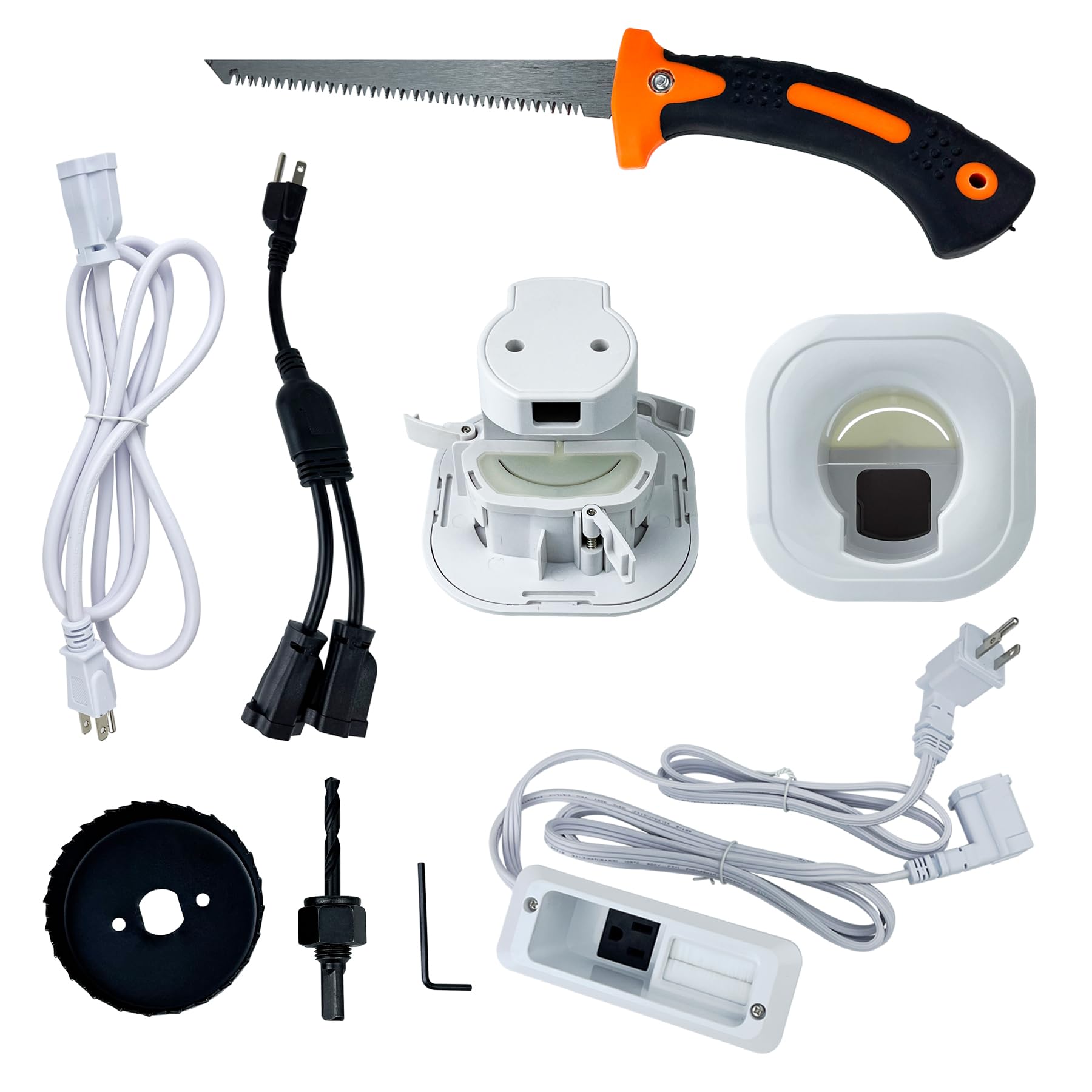Kit de gestión de cables en pared para TV y barra de sonido, corrector de cables y kit de alimentación, alimenta dispositivos y oculta todos los cables, viene con accesorio de perforación de sierra