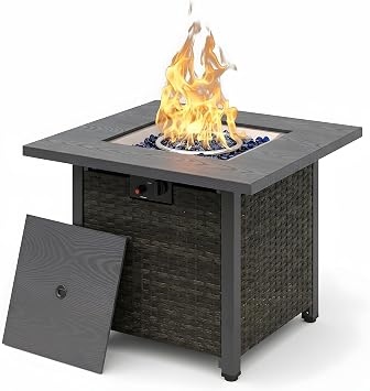 Sundale Outdoor 28 Inch Outdoor Fire Pit Table, 50,000 BTU Propane Fire Table with Rain Cover, Glass Stones and Lid, Wicker Fire Pit Table for Outside Patio and Garden, CSA-Listed
