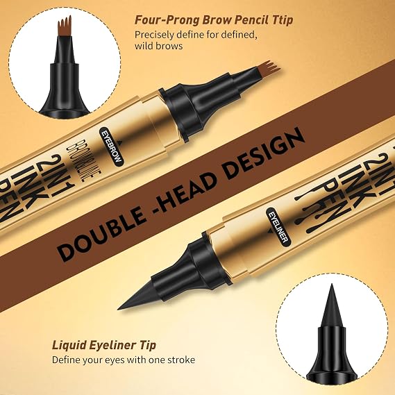 2 in 1 Microblading Eyebrow Pen with Eyeliner Pencil,3D Waterproof Magic Eyebrow Pencil with 4 Fork Tip Multifunctional Double Head Microblade,Waterproof and Long-Lasting (Brown)