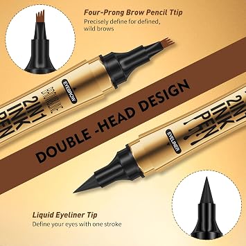 2 in 1 Microblading Eyebrow Pen with Eyeliner Pencil,3D Waterproof Magic Eyebrow Pencil with 4 Fork Tip Multifunctional Double Head Microblade,Waterproof and Long-Lasting (Brown)