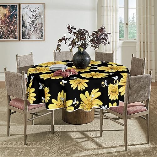 Miniatura 3 de Horaldaily Mantel redondo de verano de 70 x 70 pulgadas, diseño de girasol amarillo, abejorro, negro, otoño, lavable, para fiesta, picnic,