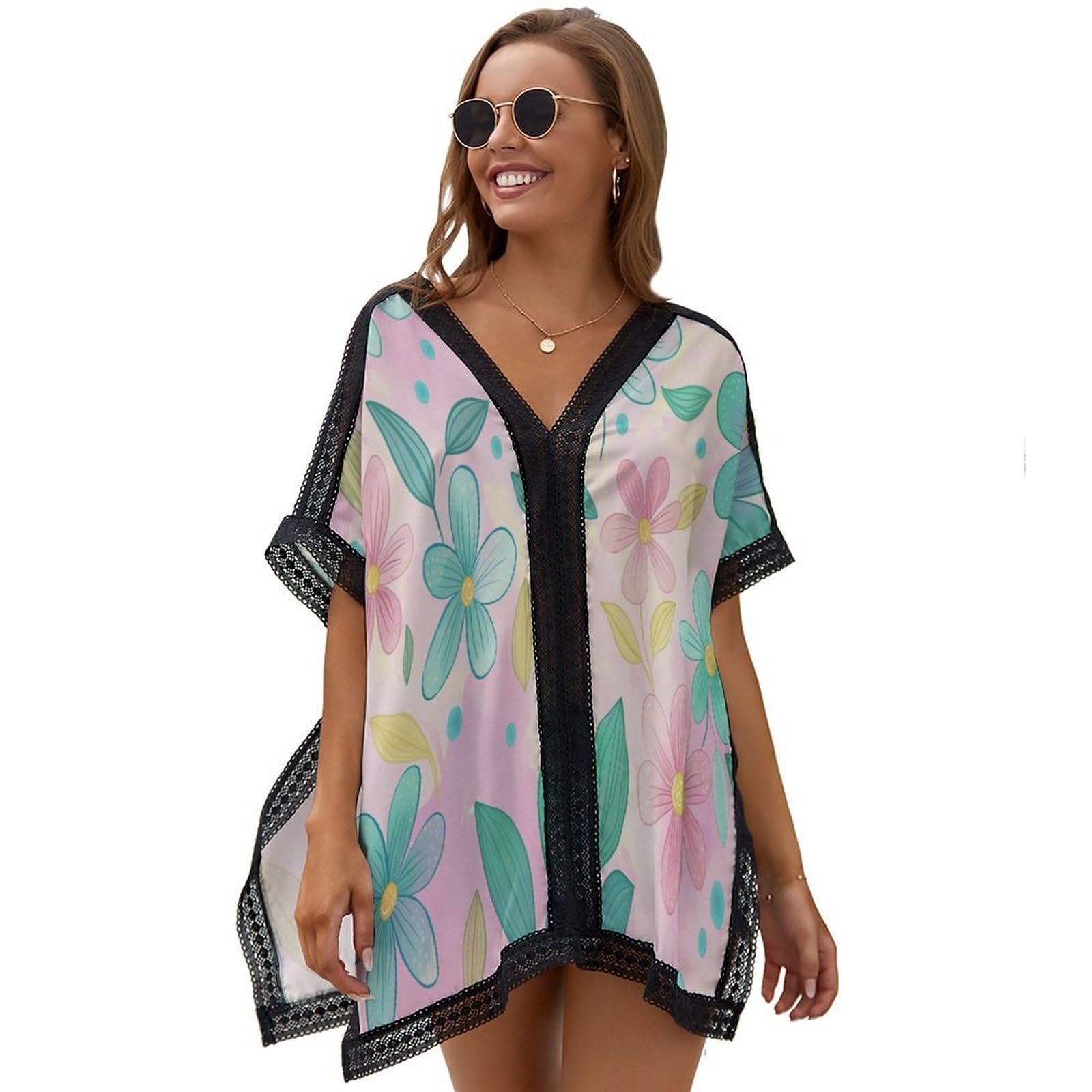 Beach Cover ups Women Hand Drawn Floral Style Chiffon Sexy Lightweight Beach Cover Up Cute Flowers Leaves Bikini