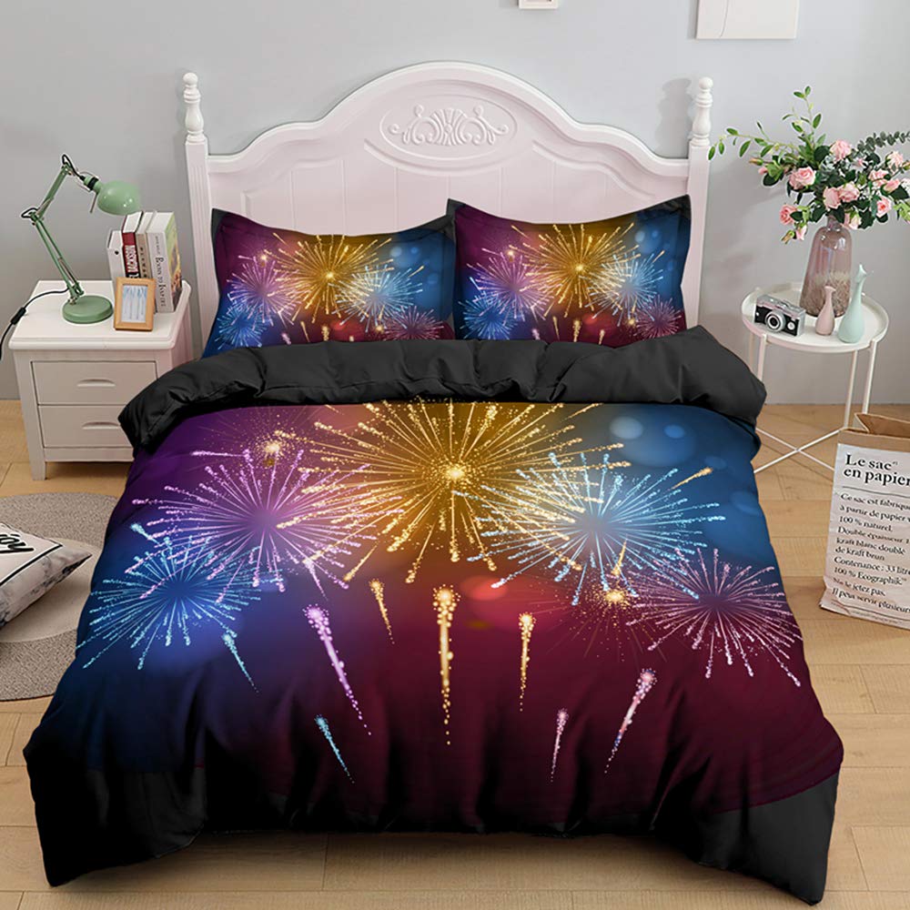 Zestaw pościeli King Size kolorowe fajerwerki 3D dla dorosłych, miękka mikrofibra 120 g/m², zestawy poszewek na kołdrę King Size z 2 poszewkami na poduszki 50 x 75 cm, łatwe w pielęgnacji, dwustronne poszewki na kołdrę z zamkiem błyskawicznym dla nastolat