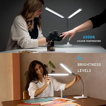 DuoPro Table Lamp - Double Shade LED Task Lamp, 4 Brightness Levels, 6,000K Daylight, 2,100 Lux, Anti-Glare, Flexible Arm, Touch Dimmer - Ideal for Sewing, Crafting, Reading