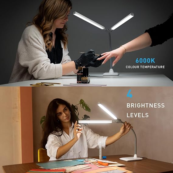 DuoPro Table Lamp - Double Shade LED Task Lamp, 4 Brightness Levels, 6,000K Daylight, 2,100 Lux, Anti-Glare, Flexible Arm, Touch Dimmer - Ideal for Sewing, Crafting, Reading