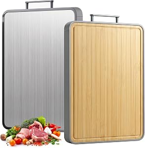 Ninonly Bamboo Cutting Board for Kitchen, 2 in 1 Stainless Steel Cutting Board Double Sided, Chopping Board with Handle and Juice Groove for Meat Vegetables Fruit, Easy to Clean Large Size 15”×10.4”
