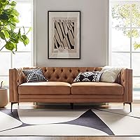 HULALA HOME 84" Faux Leather 3-Seater Sofa with Metal Legs - Mid-Century Modern Button-Tufted Couch in Camel for Living Room