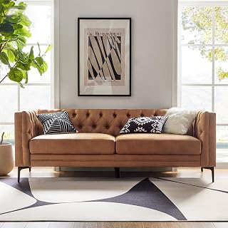 HULALA HOME 84" Faux Leather 3-Seater Sofa with Metal Legs - Mid-Century Modern Button-Tufted Couch in Camel for Living Room