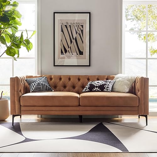 84" W Faux Leather Sofa Couch with Metal Legs, Button-Tufted