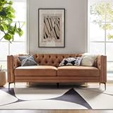 HULALA HOME 84" W Faux Leather Sofa Couch with Metal Legs&comma; Button-Tufted 3-Seater Sofa&comma; Mid Century Modern Upholstered Couch for Living Room&comma; Entertainment Area&comma; Apartment&comma;Camel