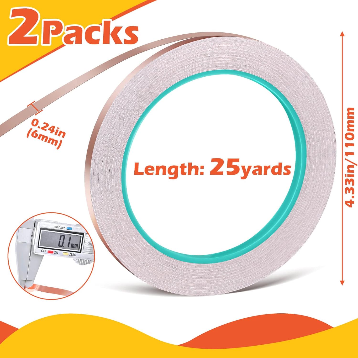 Copper Foil Tape, Selizo 2 Packs Copper Adhesive Tape Strip with Double-Sided Conductive for Stained Glass, EMI Shielding, Paper Circuits, DIY Home Décor, Soldering, Electrical Repairs