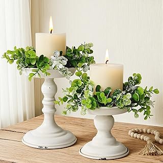 Rustic Iron Pillar Candle Holder: White Farmhouse Candle Holder with Gre...