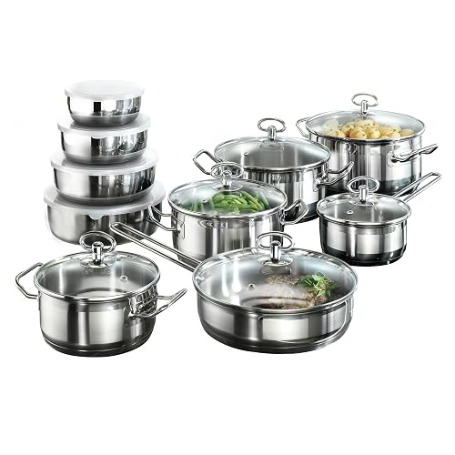 Karcher Topfset Jasmin 20-teilig | Edelstahl Kochtopf Set Induktion inkl. Glasdeckel | Töpfe & Pfanne spülmaschinenfest & backofenfest | Kochgeschirr für alle Herdarten mit Edelstahlschüsseln