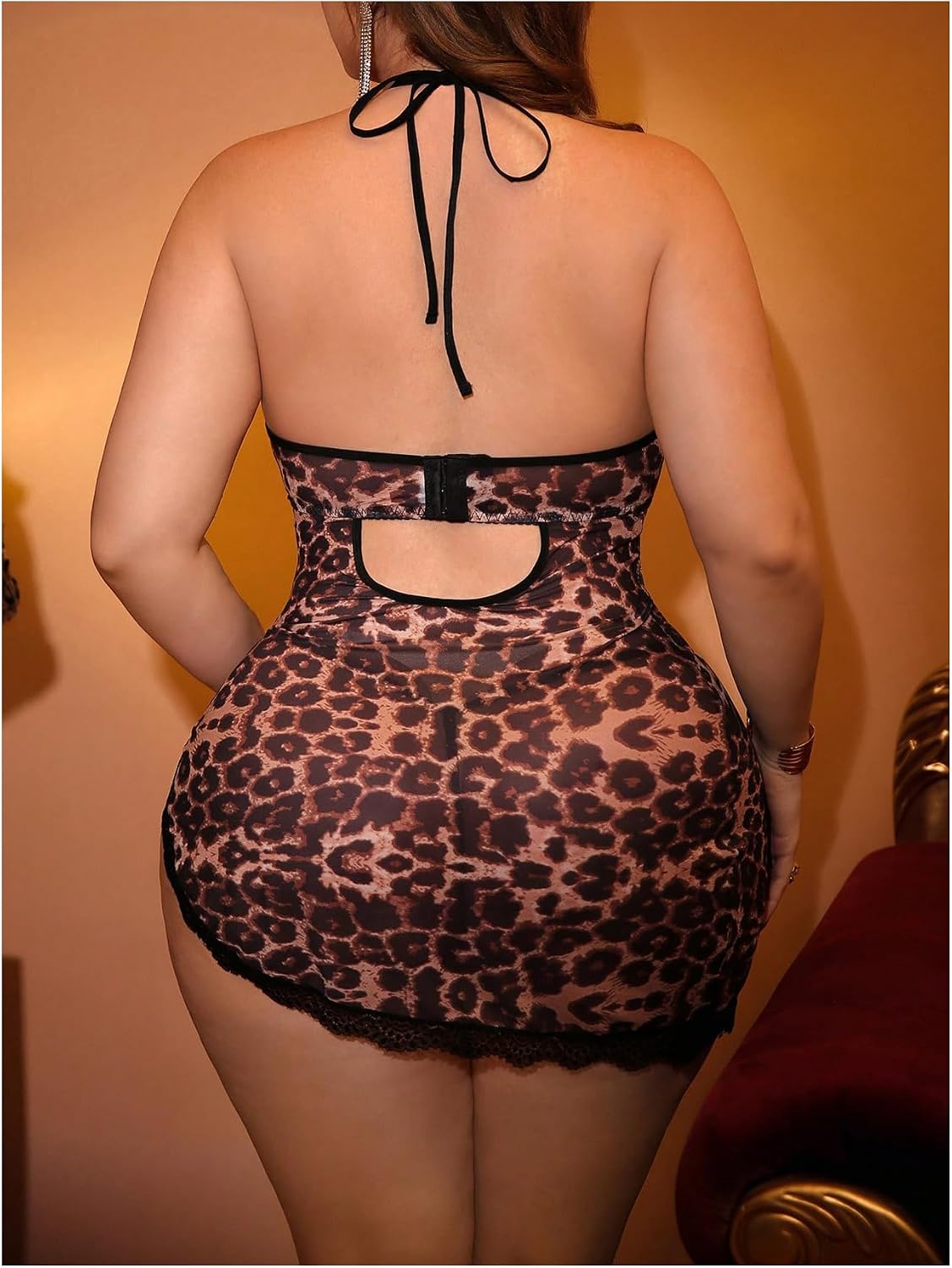 OYOANGLE Women's Plus Size 2 Piece Lingerie Set Leopard Lace Sheer Halter Chemise Nightgowns with Thongs