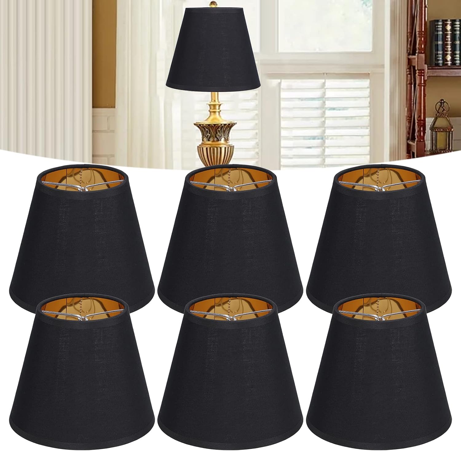 6Pcs Chandelier Lamp Shades, E14 Black Small Lamp Shade Clip on Fitter Lampshade Fabric Wall Light Lampshade for Candle Light Desk Lamp