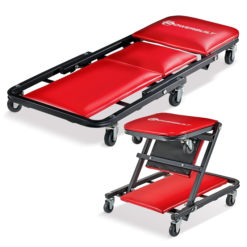 Powerbuilt ZAG 2 em 1: maca para mecânico e banco com rodas, 91,4 cm, estrutura de aço, apoio acolchoado e 6 rodízios – 620513