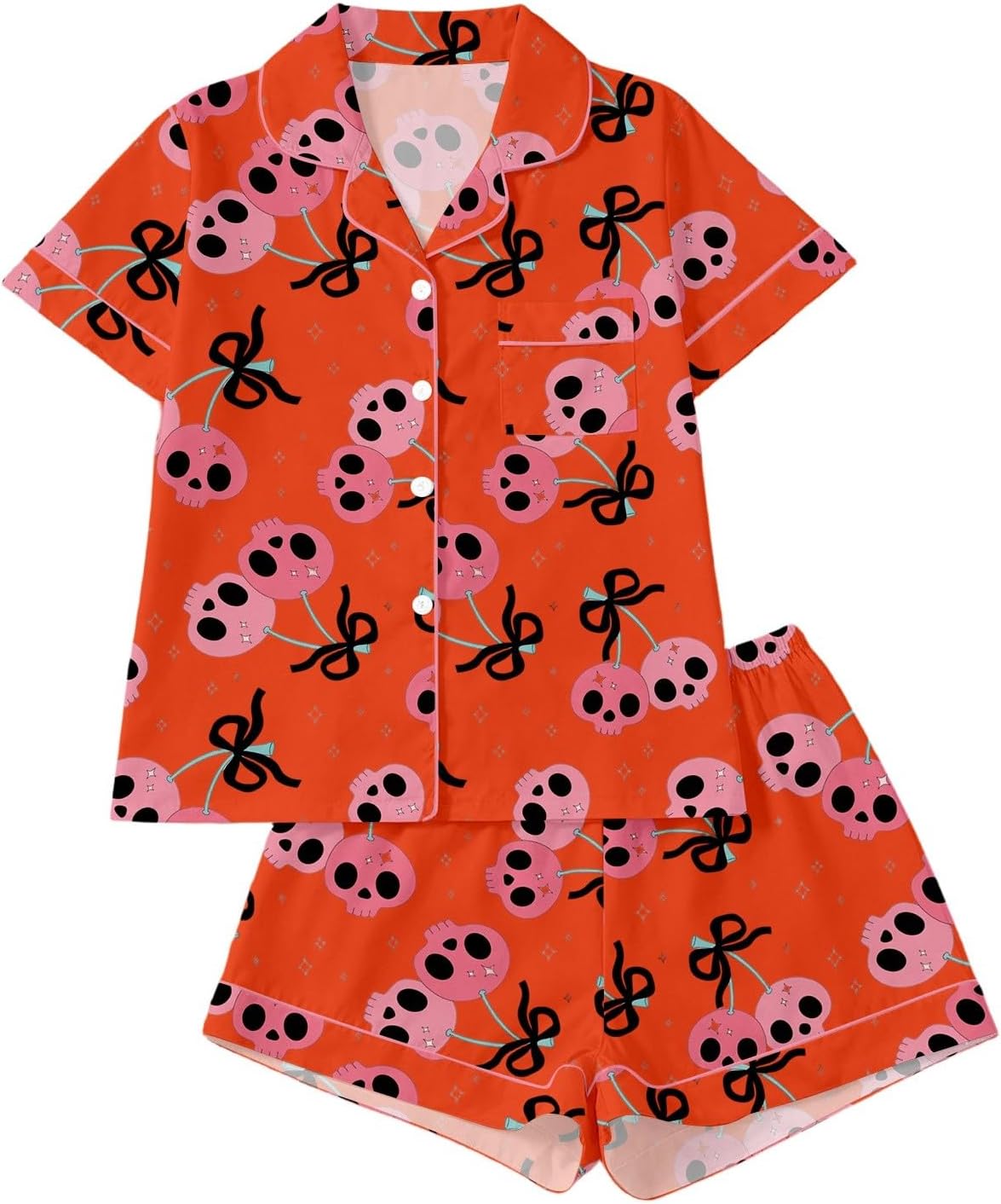 Halloween Print Short Sleeve Top Shorts for Women V-Neck Pyjamas Comfortable Housewear Patterned Casual Outfit for Recovery Night's Sleep (Orange, XL)