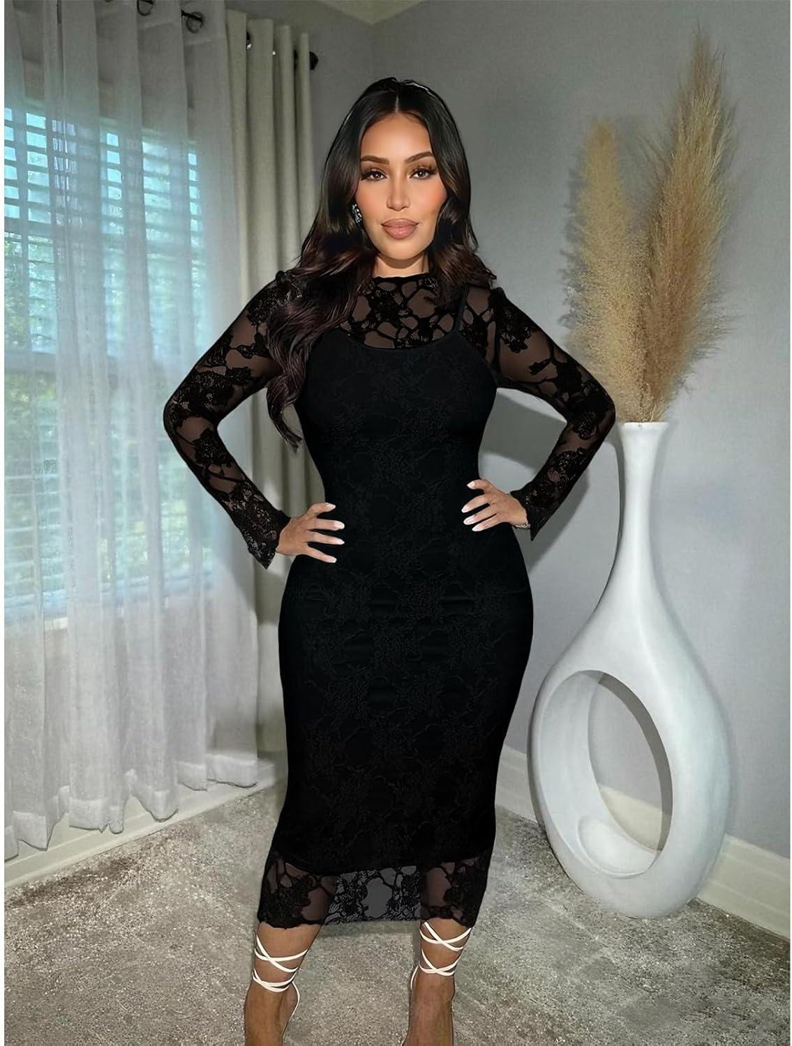 Womens Floral Lace Bodycon Midi Dress Long Sleeve Sexy See Through Mesh Club Party 2 Piece Dress Set - Image 3