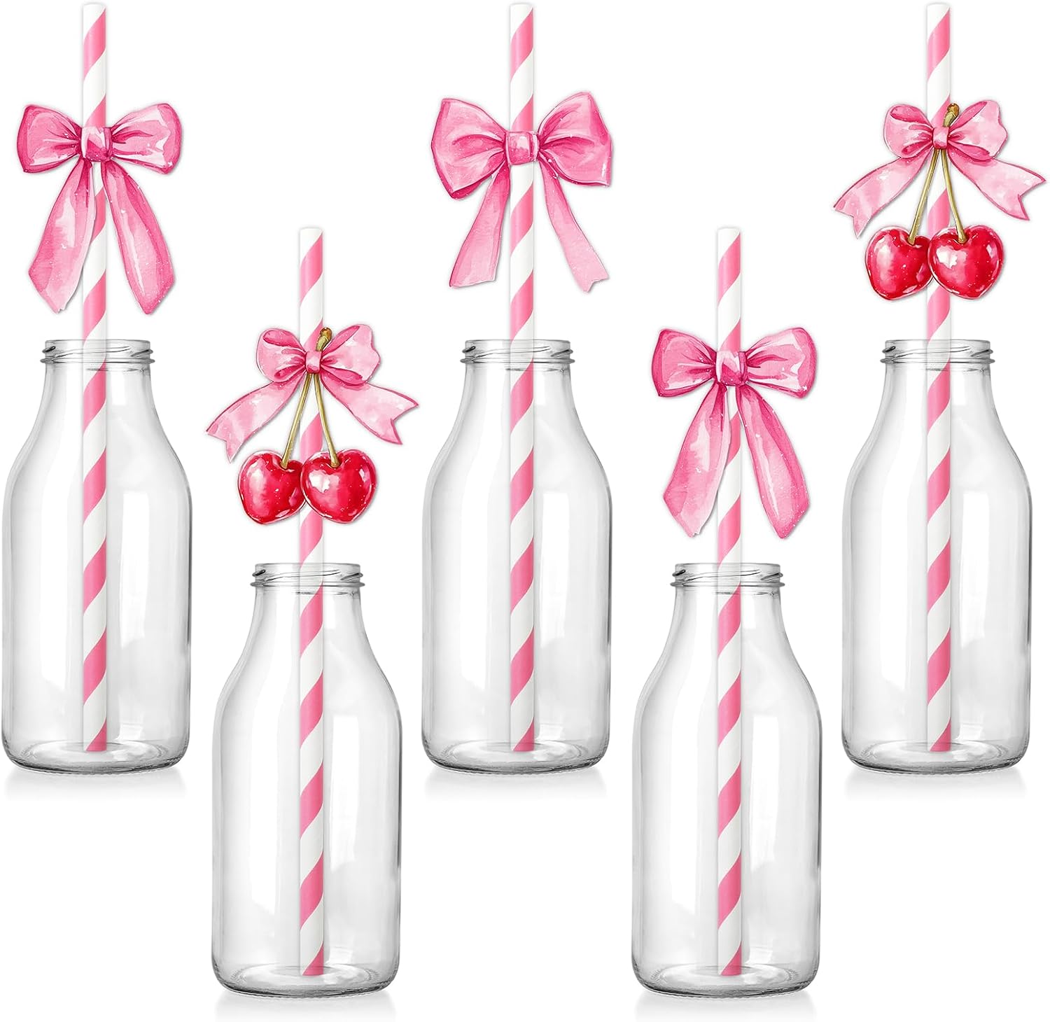 FYSUIMU 50Pcs Pink Bow Cherry Paper Straws She's the Cherry on Top Paper Straws Fruit Theme Striped Drinking Straw for Wedding Birthday Baby Bridal Shower Bachelorette Party Supplies