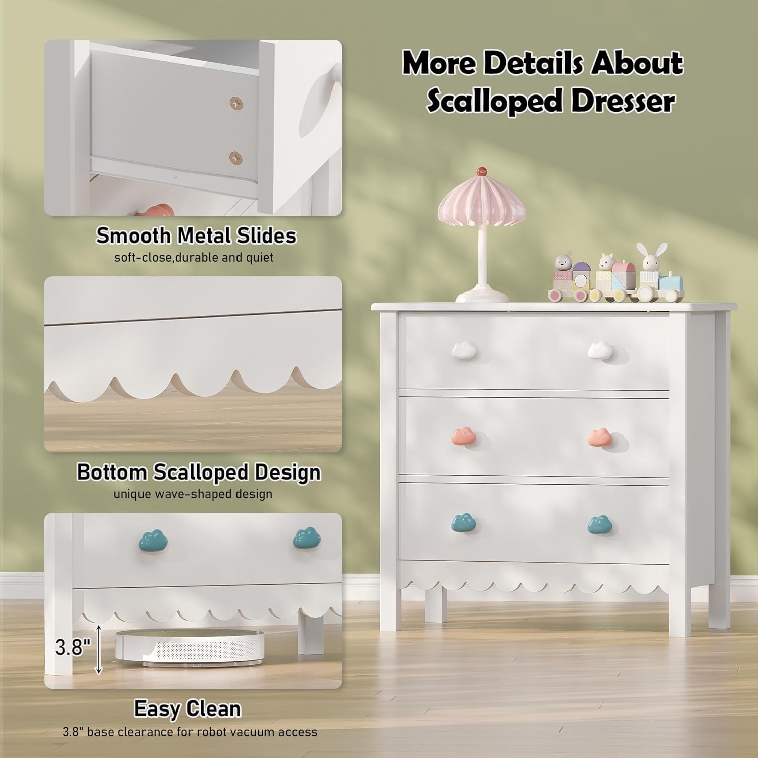 3 Drawer Dresser, Small White Dresser for Bedroom, Wooden Chest of Drawers, Cute Scalloped Nightstand for Bedroom, Hallway, Living Room