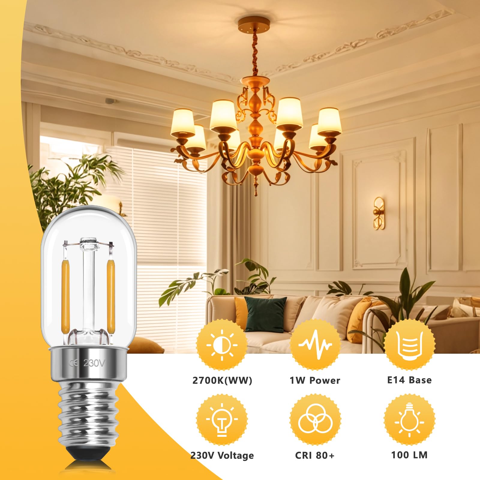 Morotty Żarówka LED do lodówki E14 ciepła biel 2700 K, może zastąpić halogenowy 10W-15W, żarówka karłowata T22 LED SES żarówka do lodówki 230 V, do żarówek do lodówek, żarówek do maszyn do szycia