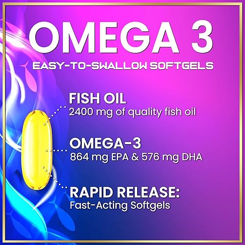 Miniatura 3 de Suplementos de aceite de pescado Omega 3 de 2400 mg - Ácidos grasos Omega 3 de triple fuerza, salud natural del corazón y apoyo articular - Ácidos