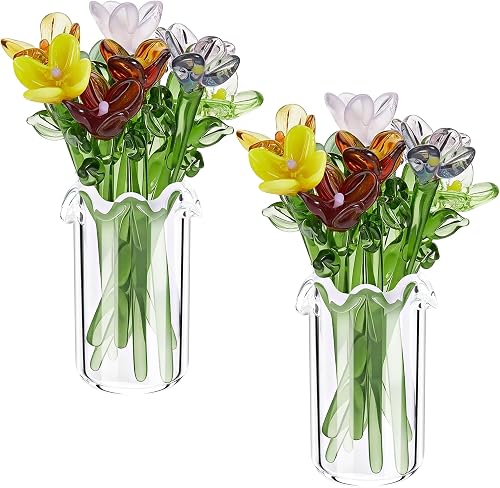 22pcs Multicolor Lampwork Glass Bud Vases Mini Flowers Bouquet Small Vase Crystal Wildflower Blossom Ornaments for Home Office Decor Wedding Car Dashboard Decoration