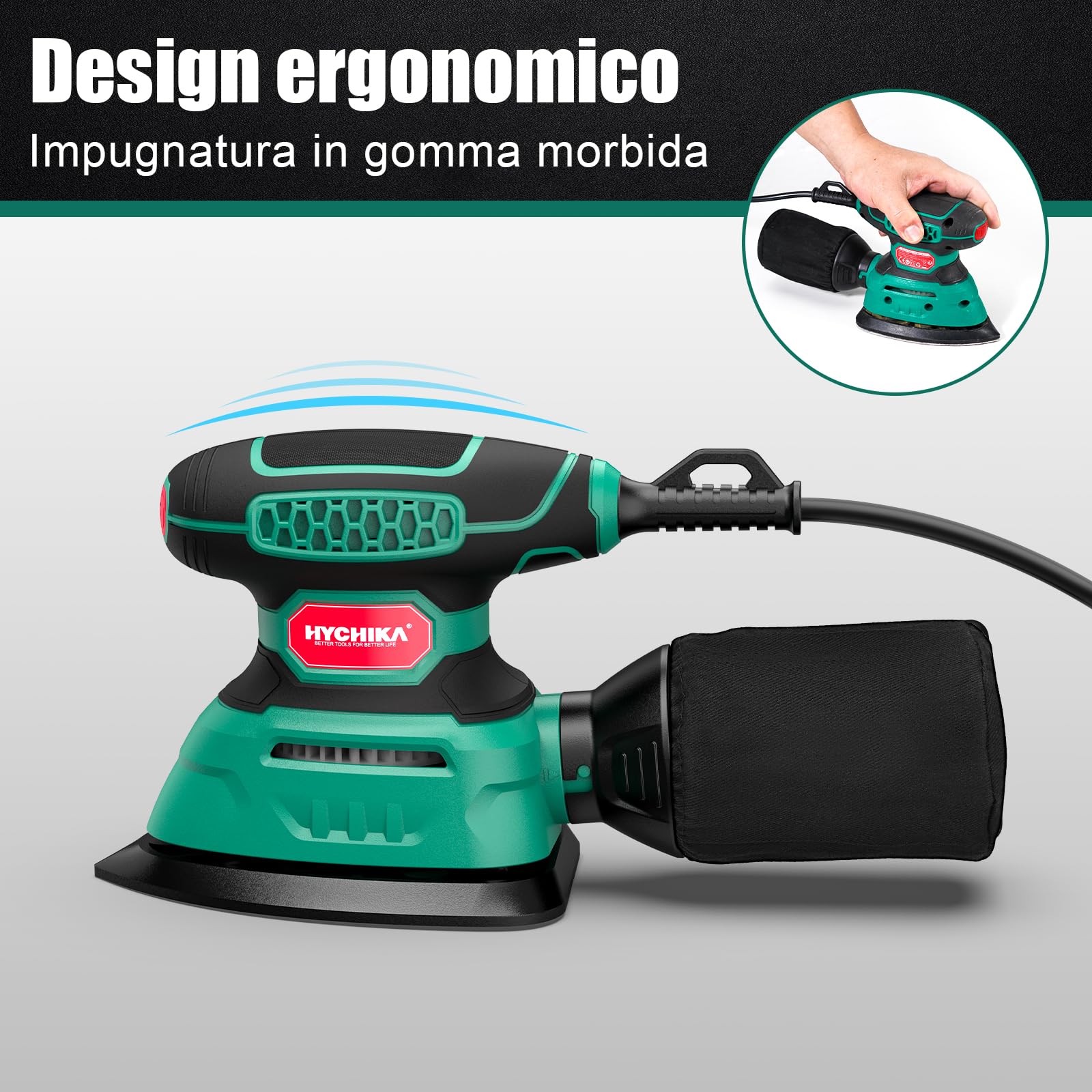 HYCHIKA Levigatrice per Legno 140W, levigatrice 13000 OPM con efficiente raccolta della polvere, con carta vetrata 12PCS, ideale per levigare il legno e rimuovere ruggine e vernice