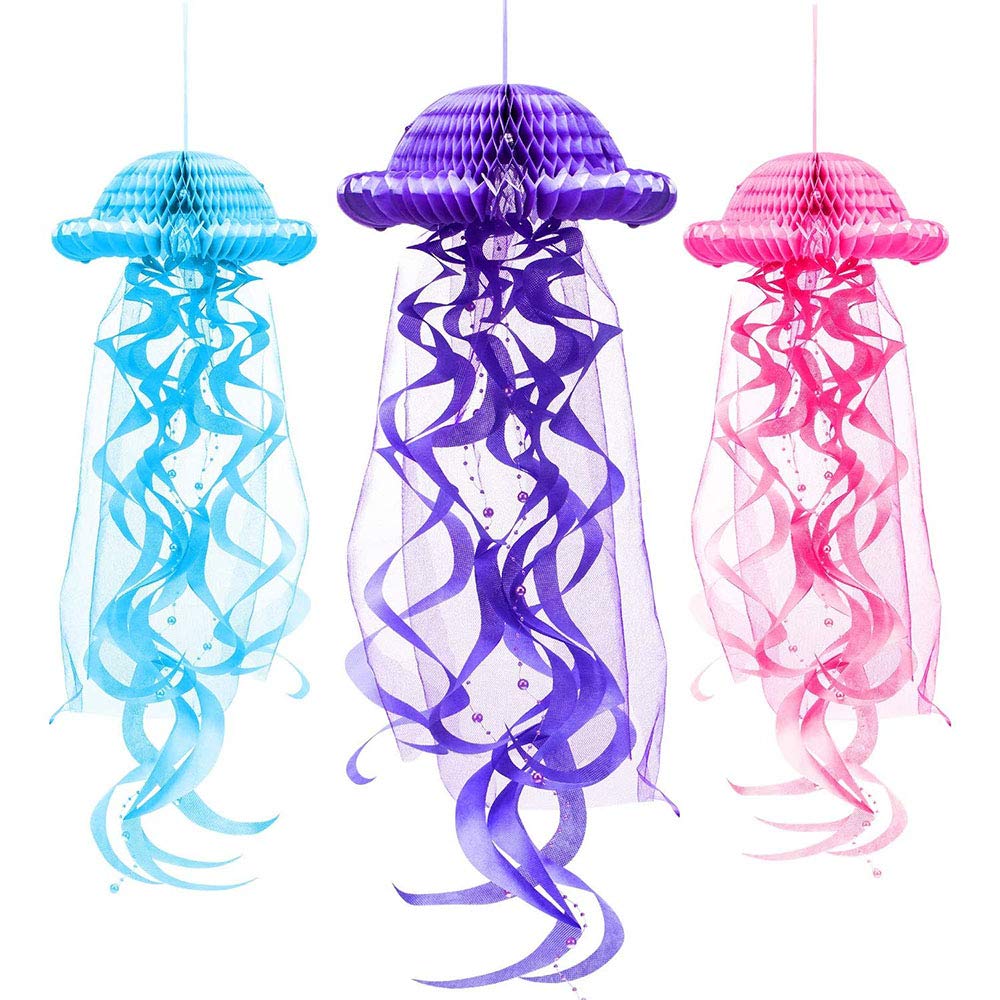 Ancllo Pink, Blue, Purple 3 Pieces Hanging Honeycomb Jellyfish Ornament Diy Paper Lanterns, Ball Shap Pendant Ocean Party Decorations, Pink Blue Purple