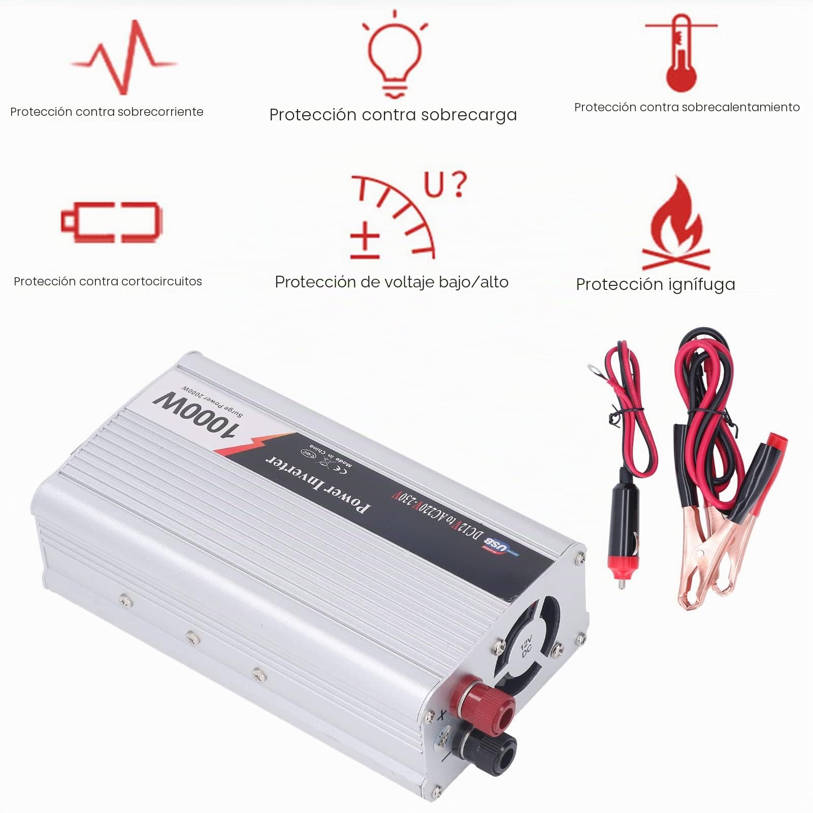 Inversor de Onda Sinusoidal Pura de 1000 W, Convertidor de 12 V CC a 220‑230 V CA para Vehículos Recreativos, Hogar, Vehículos, Barcos, Adaptador de Coche con Salidas de CA,