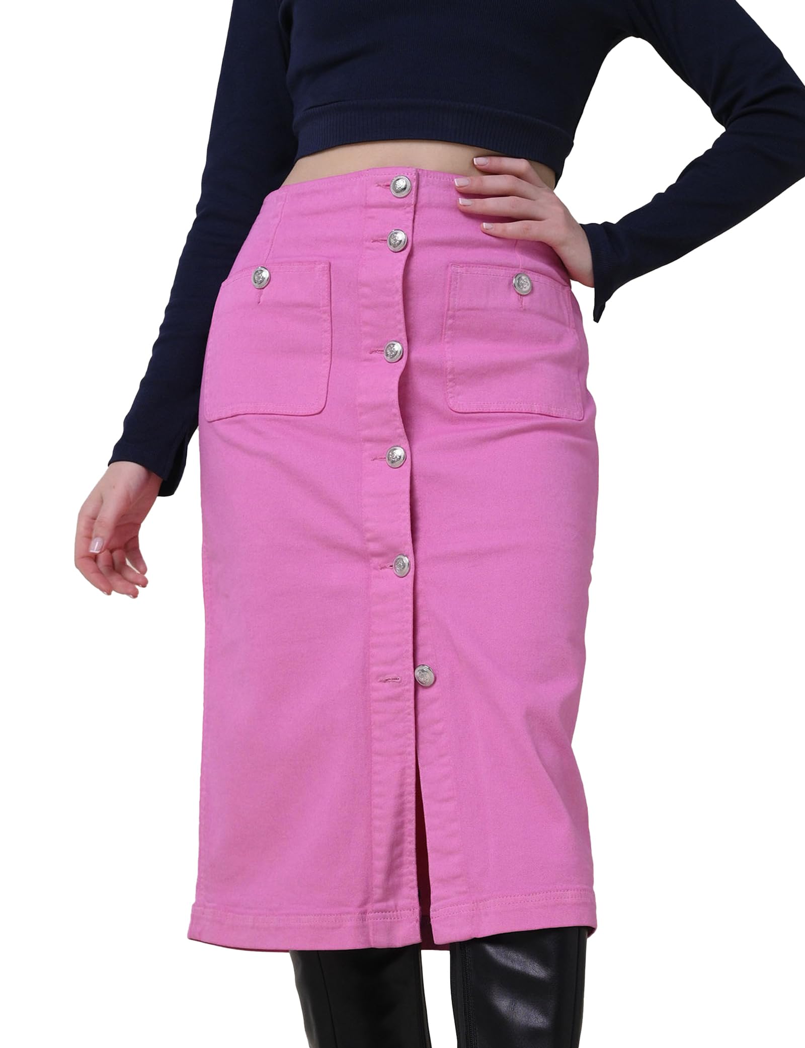 Enorsia Womens Pink Denim Midi Skirt High Waist Button Front Casual Stretch Jean Skirt with Pockets Trendy Slit Cotton Rich Summer Fashion Outfits (UK, Numeric, 12, Regular, Regular, Pink)