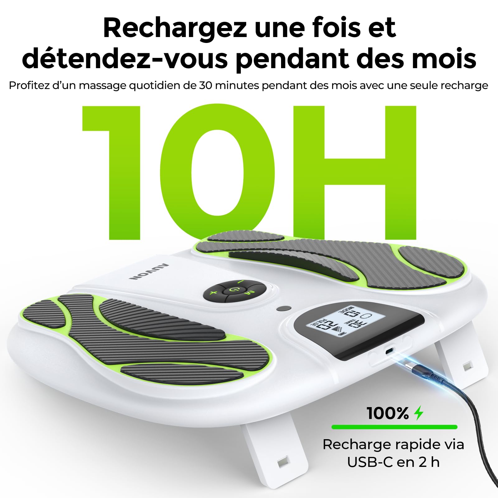 AUVON Appareil TENS de massage des pieds pour douleur et circulation, 10 modes & 50 intensités, EMS sans médicament pour jambes & pieds, idéal seniors & travailleurs debout
