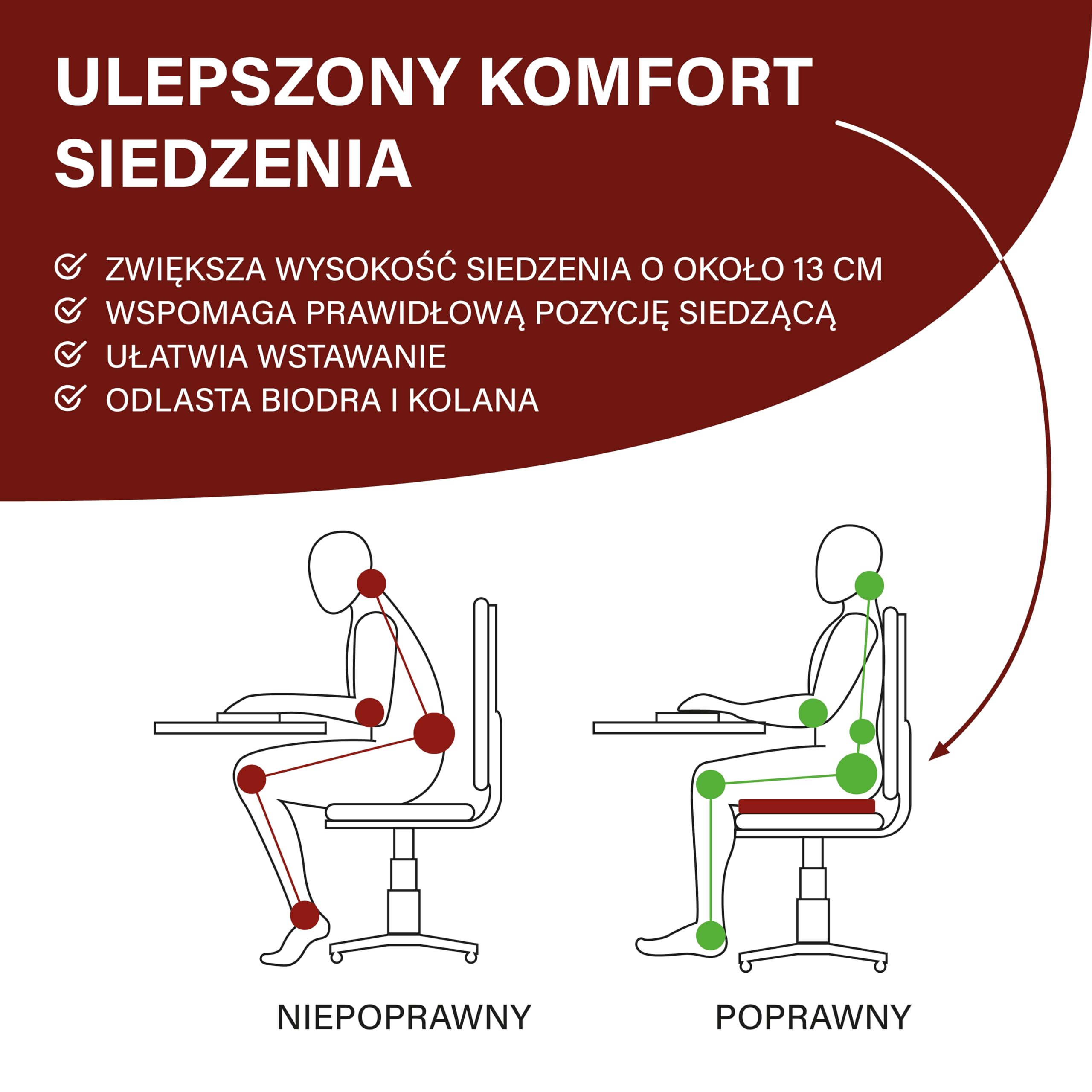 PrimoLiving Ortopedyczna poduszka do siedzenia z pianki zapamiętującej kształt - stałe siedzisko podwyższające - ergonomiczna pomoc w staniu 40x40x8/13 cm